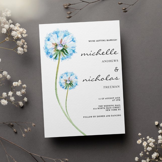 Invitación Boda floral lila verde lila azul simple (Simple blue lilac green dandelion floral wedding)