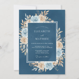 Invitación Boda floral lujosa azul acero