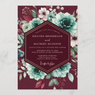 Invitación Boda floral lujosa de borgoña y aqua