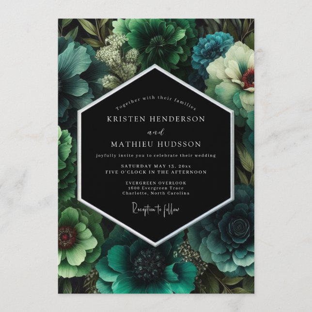 Invitación Boda floral lujosa esmeralda (Anverso)