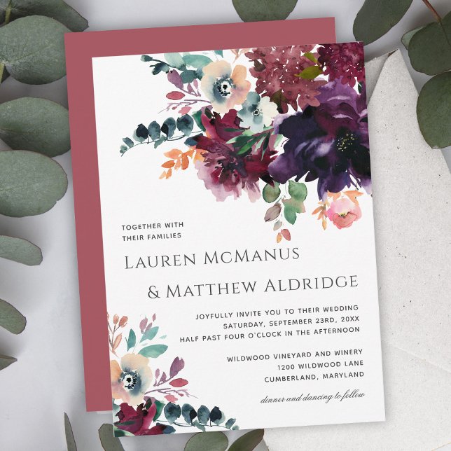 Invitación Boda floral lujoso color de agua oscura (Subido por el creador)