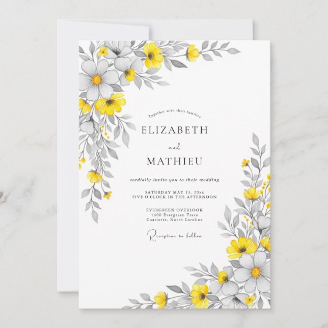 Invitación Boda floral luminosa gris amarilla (Anverso)