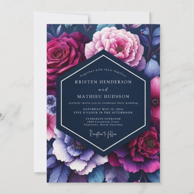 Invitación Boda floral luminosa índigo (Anverso)