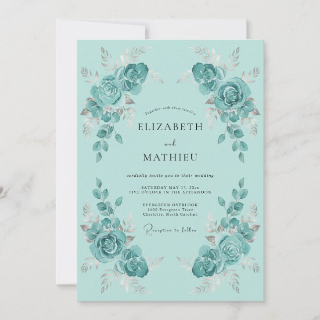 Invitación Boda Floral Luminosa Turquesa (Anverso)