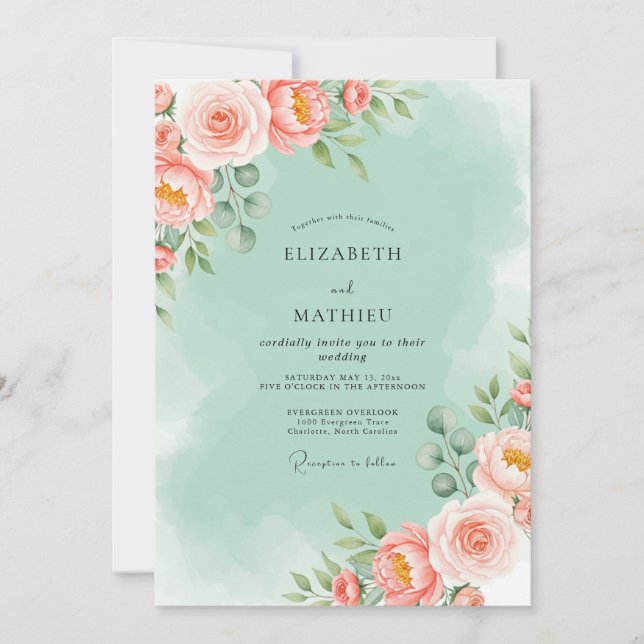 Invitación Boda floral luminosa verde menta (Anverso)