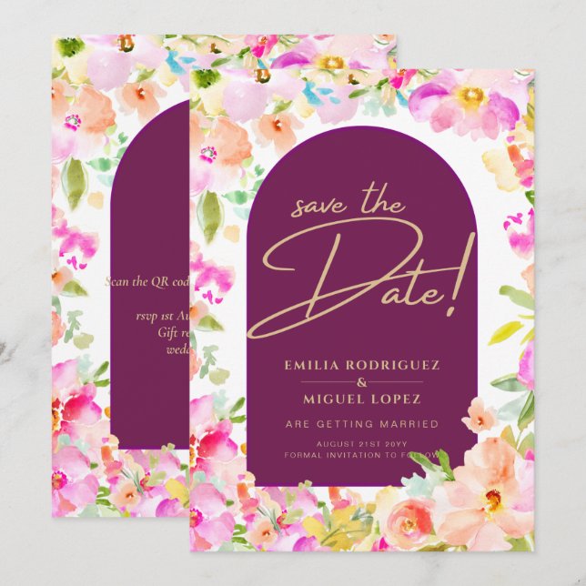 Invitación Boda floral magenta (Anverso / Reverso)