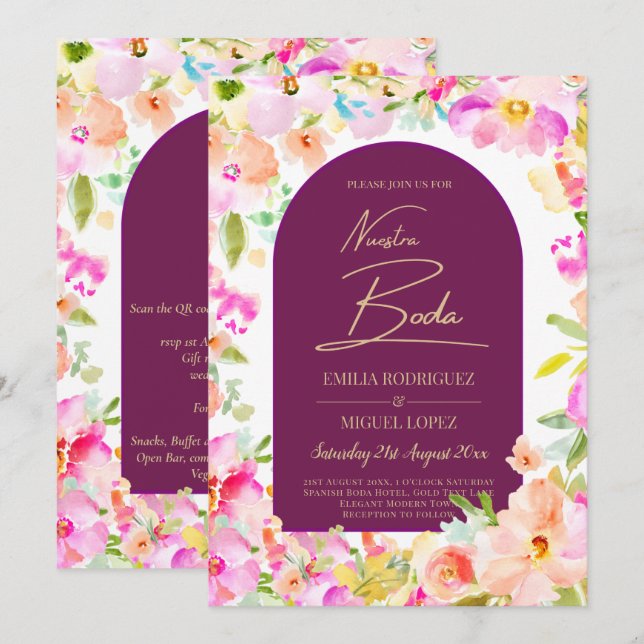 Invitación Boda floral magenta (Anverso / Reverso)