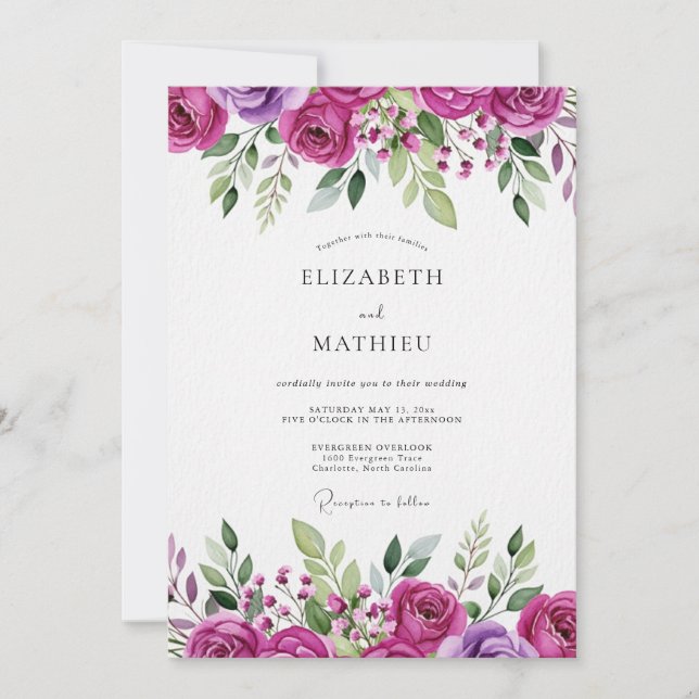 Invitación Boda Floral Magenta en Flor (Anverso)