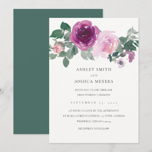 Invitación Boda Floral Magenta Rosa Perla Blanca Hoja Verde
