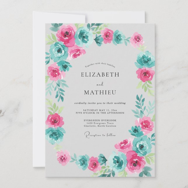 Invitación Boda floral magenta teal vívido (Anverso)