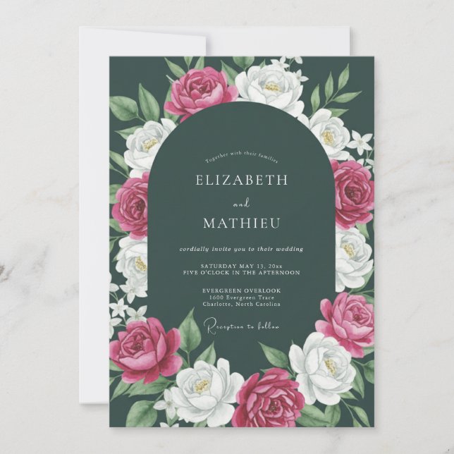 Invitación Boda floral magenta verde profundo (Anverso)