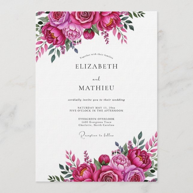 Invitación Boda Floral Magenta Vibrante (Anverso)