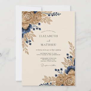 Invitación Boda floral majestuosa azul marino dorado
