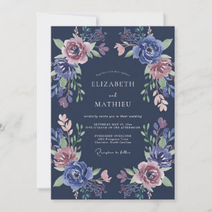 Invitación Boda floral majestuosa de azul medianoche