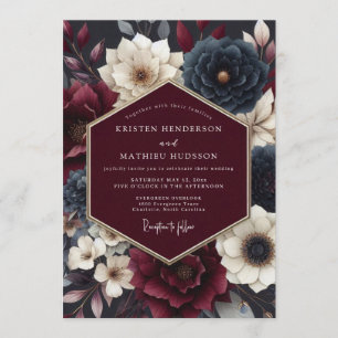 Invitación Boda floral malhumorada de borgoña y azul