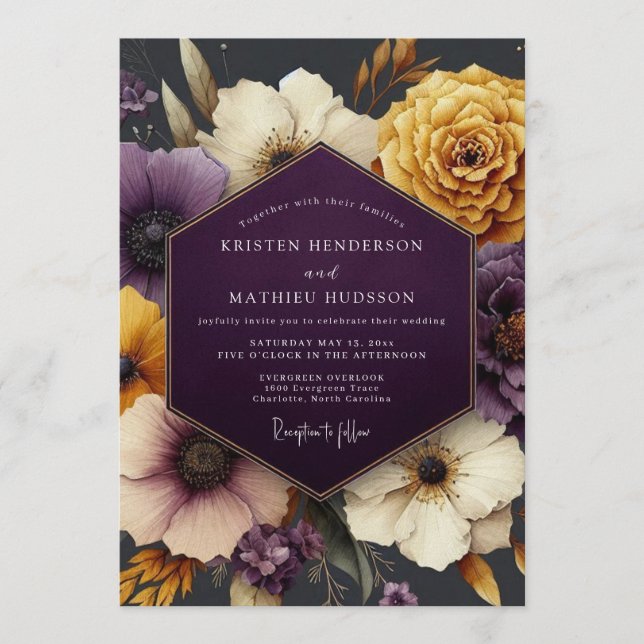 Invitación Boda floral malhumorada de ciruela y oro (Anverso)