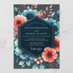 Invitación Boda Floral Malhumorada de Pizarra y Coral