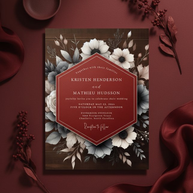 Invitación Boda floral malhumorada de rojo intenso (Subido por el creador)