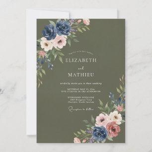 Invitación Boda floral malhumorada de verde oliva