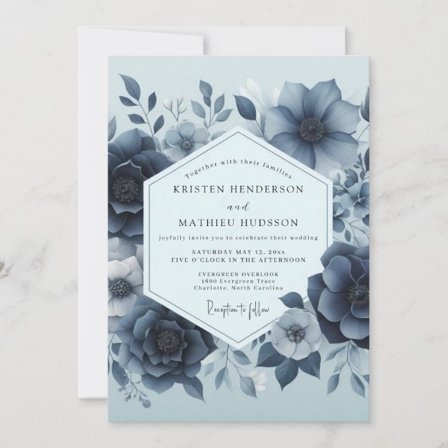 Invitación Boda floral malhumorada Delft Blue (Anverso)