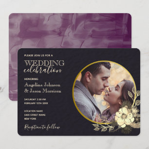 Invitación Boda Floral Malhumorada Púrpura Dorado Negro