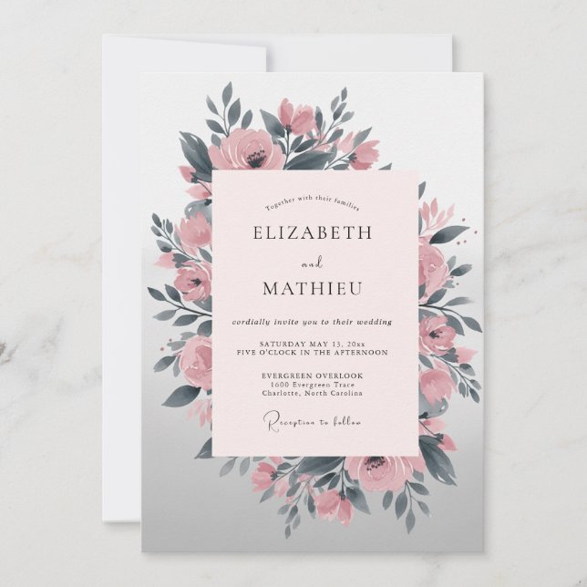 Invitación Boda floral malhumorada rosa rubor (Anverso)