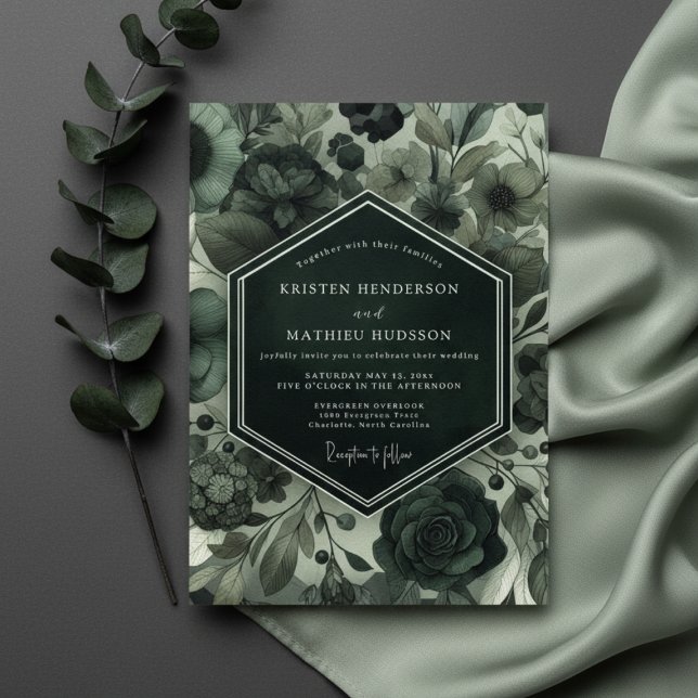 Invitación Boda floral malhumorada verde profundo (Subido por el creador)