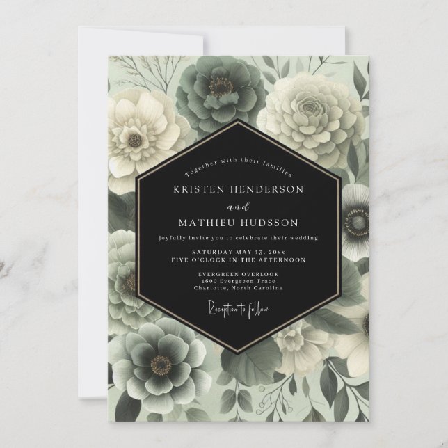 Invitación Boda floral malhumorada verde salvia (Anverso)