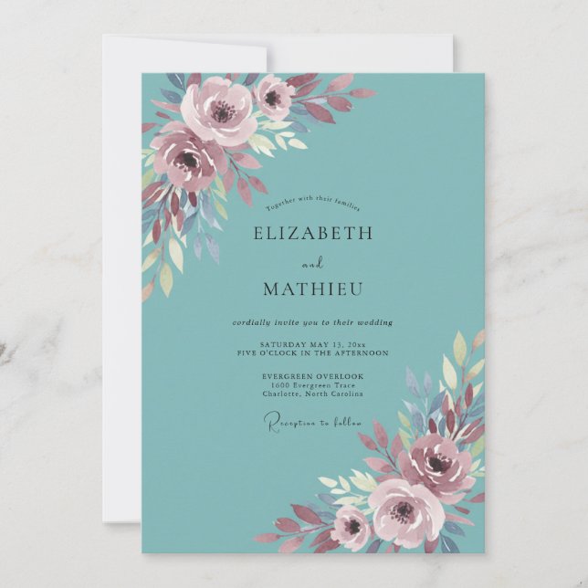 Invitación Boda floral malva azulada (Anverso)