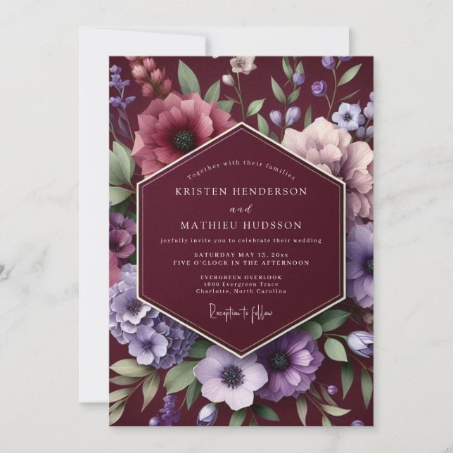 Invitación Boda floral malva borgoña (Anverso)
