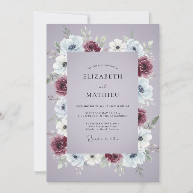 Invitación Boda floral malva borgoña (Anverso)