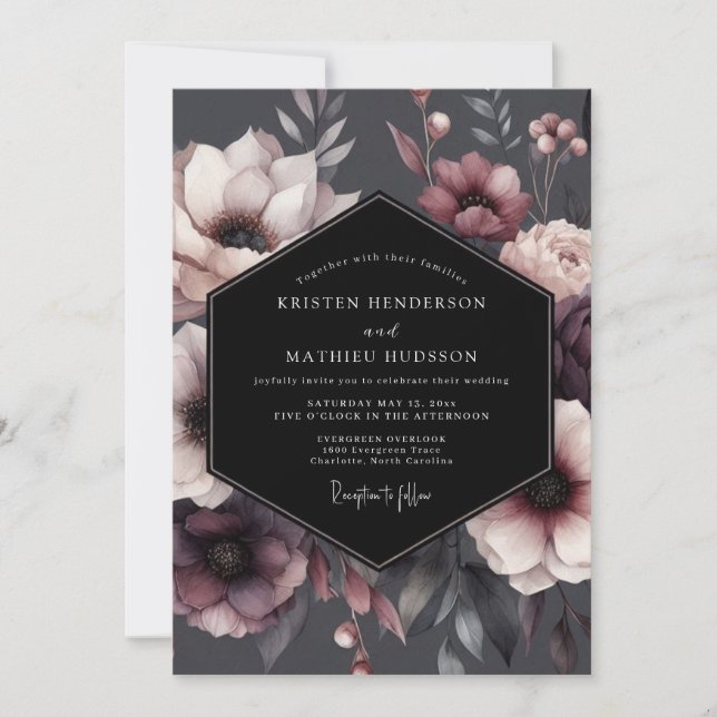 Invitación Boda floral malva con ambiente sombrío (Anverso)