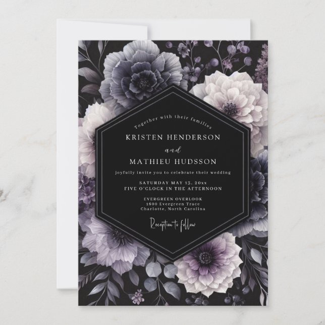 Invitación Boda floral malva profunda (Anverso)