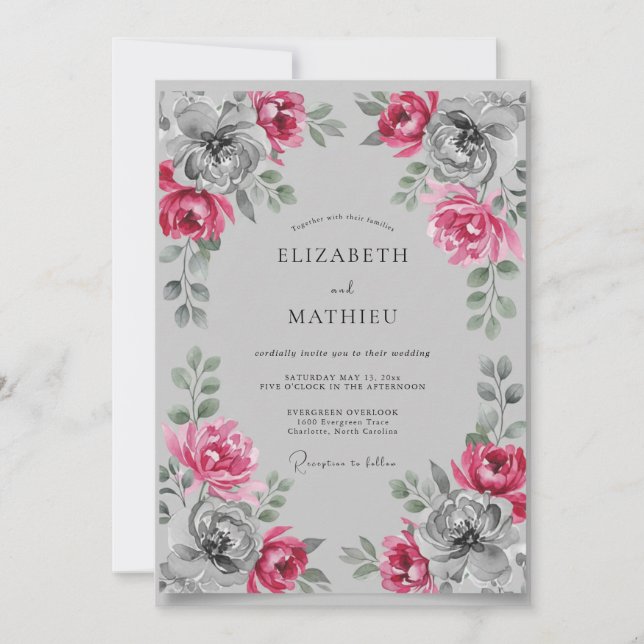 Invitación Boda floral malva temperamental (Anverso)