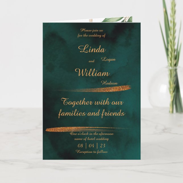 Invitación Boda floral Mar profundo Mar oscuro verde y oro (Anverso)