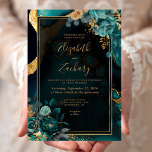 Invitación Boda Floral Marco de Ágata Teal Dorado