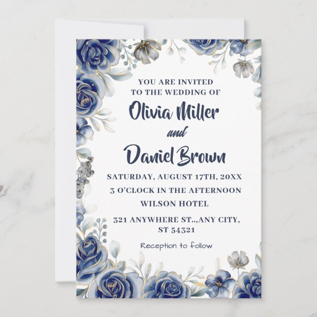 Invitación Boda floral marfil-azul marino y plateado (Anverso)