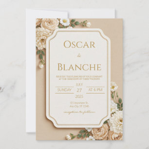 Invitación Boda Floral Marfil Beige con Reborde Dorado