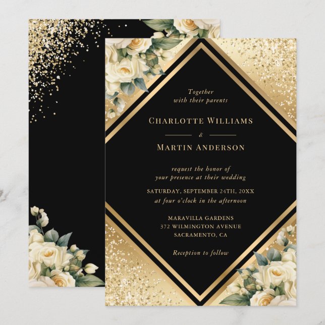 Invitación Boda floral marfil de oro negro geométrico (Anverso / Reverso)