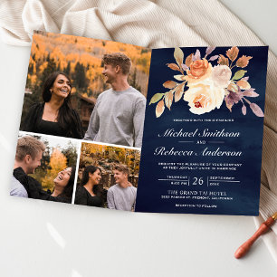 Invitación Boda Floral Marfil Terroso Código QR Azul Marino