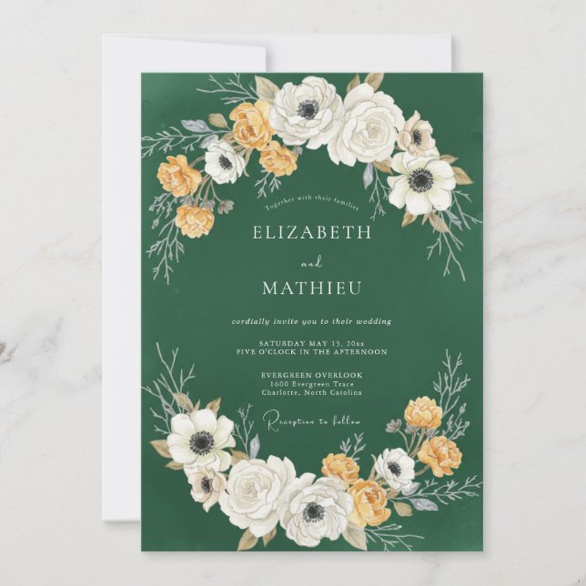 Invitación Boda Floral Marfil Verde Profundo (Anverso)