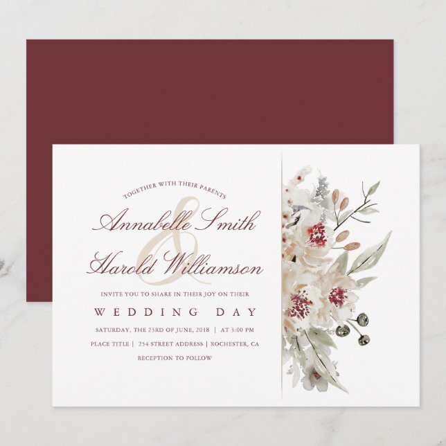 Invitación Boda floral marfil y borgoña (Anverso / Reverso)