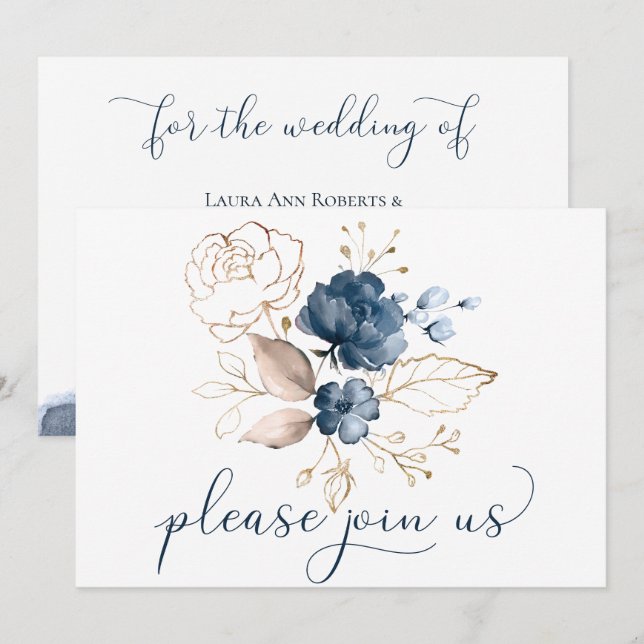 Invitación Boda floral Marina Azul Rubor y acuarela dorada (Anverso / Reverso)