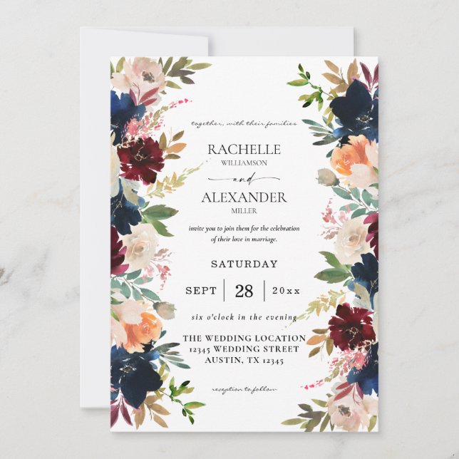 Invitación Boda floral marina, borgoñona, rosa y melocotón de (Anverso)