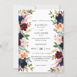Invitación Boda floral marina, borgoñona, rosa y melocotón de