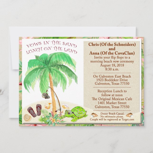Invitación Boda floral marina de conchas de mar y palmeras (Anverso)