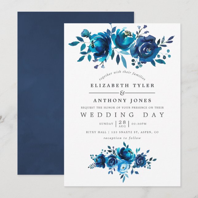 Invitación Boda floral marina y acuarela blanca (Anverso / Reverso)
