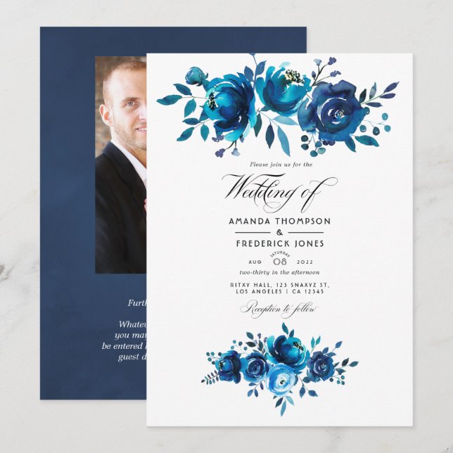 Invitación Boda floral marina y acuarela blanca (Anverso / Reverso)