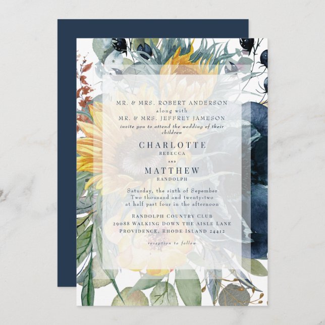 Invitación Boda floral marina y girasol otoño (Anverso / Reverso)
