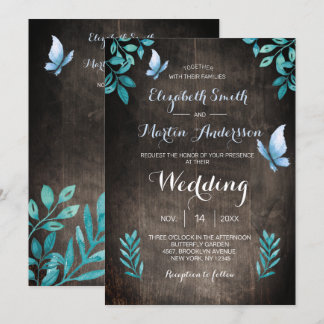 Invitación Boda floral mariposa azul acuarela rústica